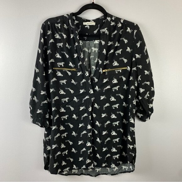 Mandee Casual Novelty Tiger Printed Roll Tab Sleeve Blouse Large Black - Picture 2 of 8